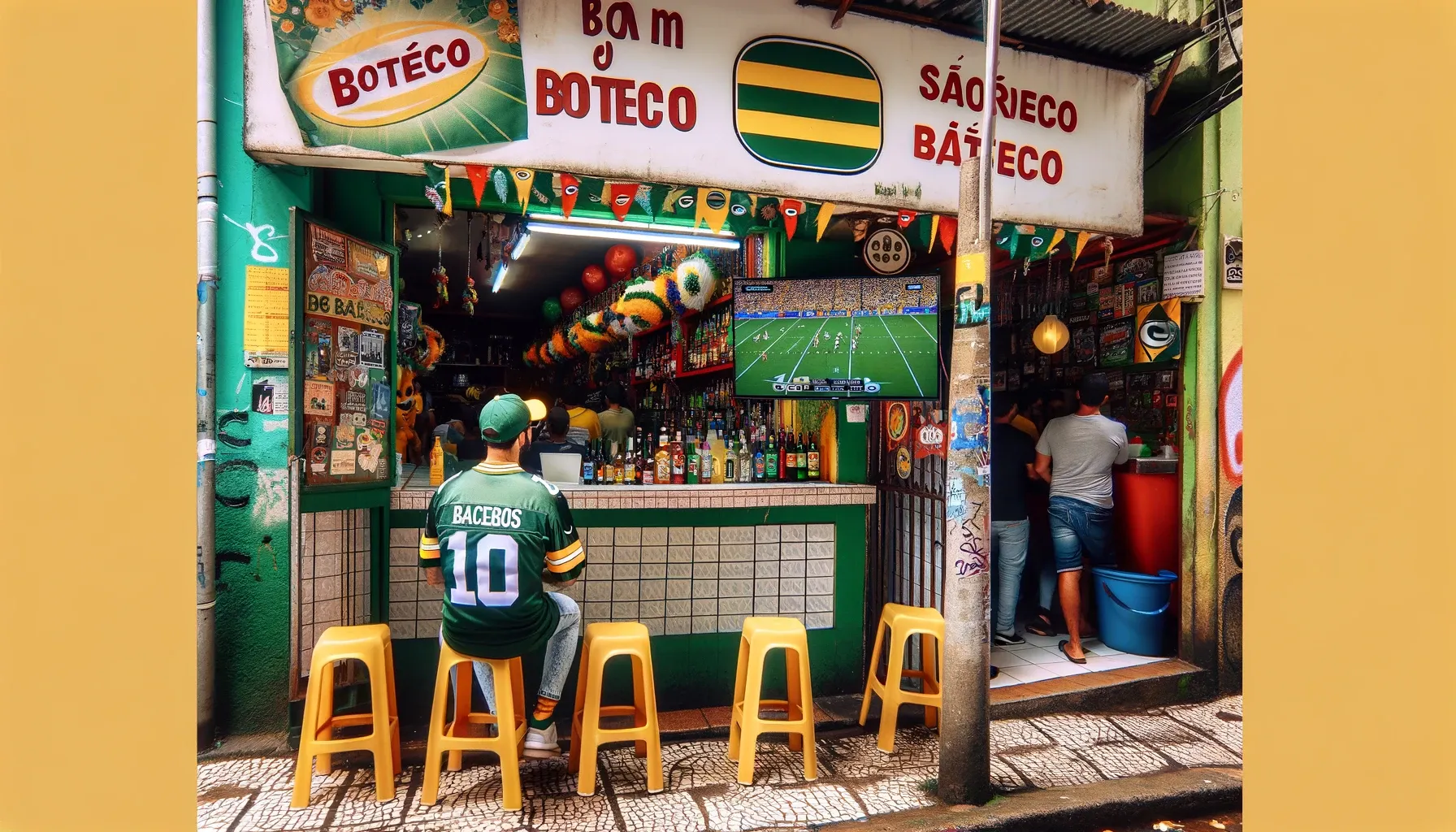 Photo of an AI generated outside view of a Boteco with a sports fan watching the television