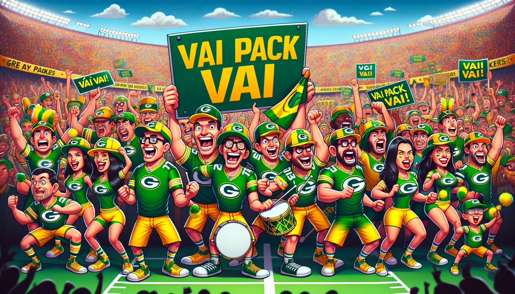 Photo of an AI generated group of Packers fans cheering Vai Pack Vai