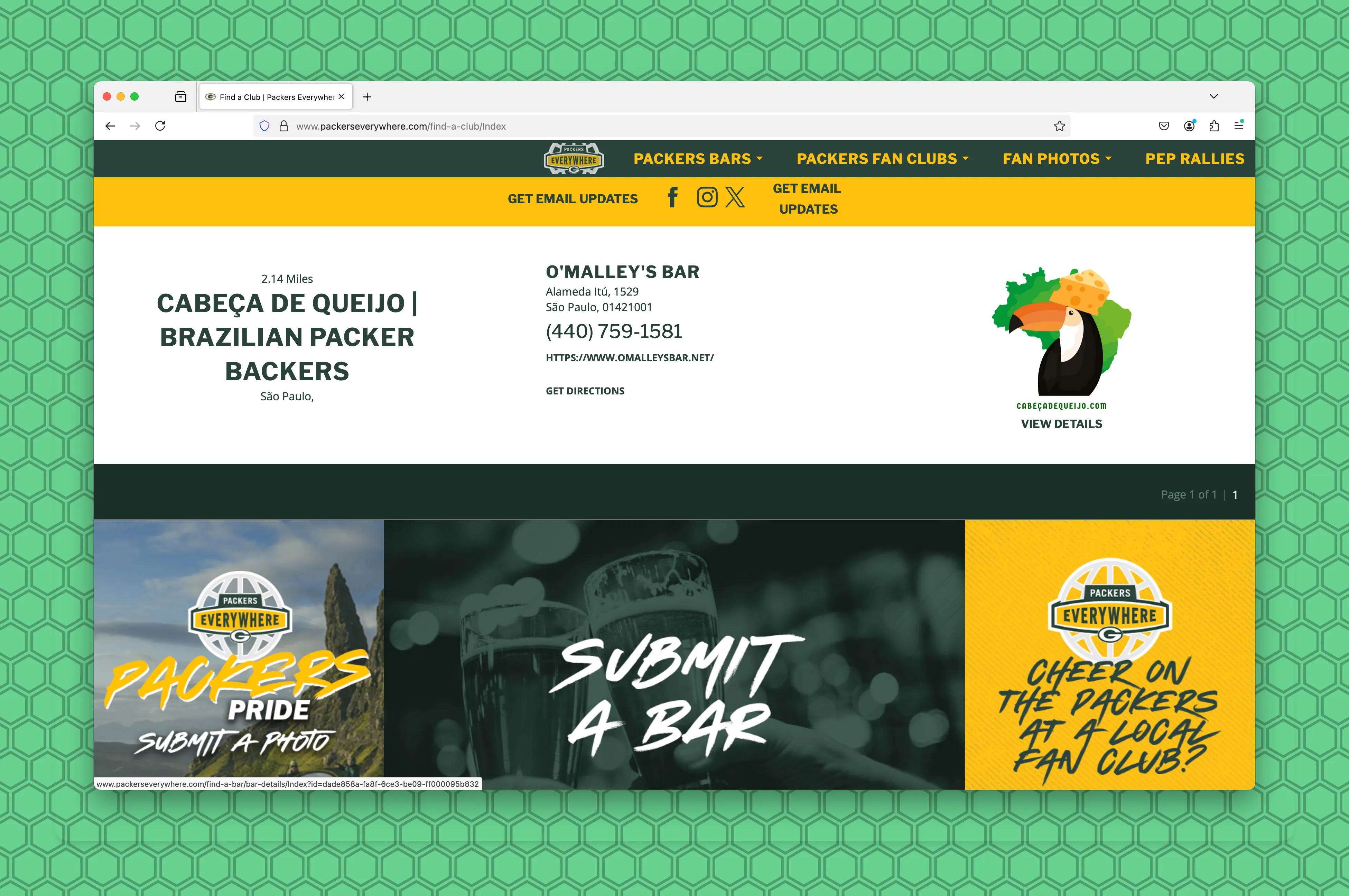 Screenshot of Cabeca de Queijo and O&#x27;Malley&#x27;s Bar on the PackersEverywhere.com website