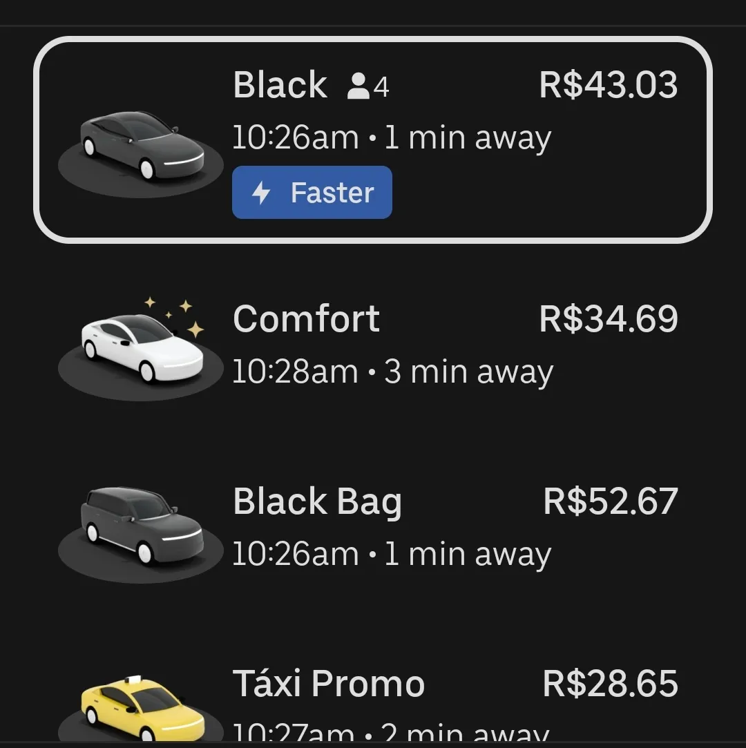 Screenshot of Uber App Prices in Sao Paulo