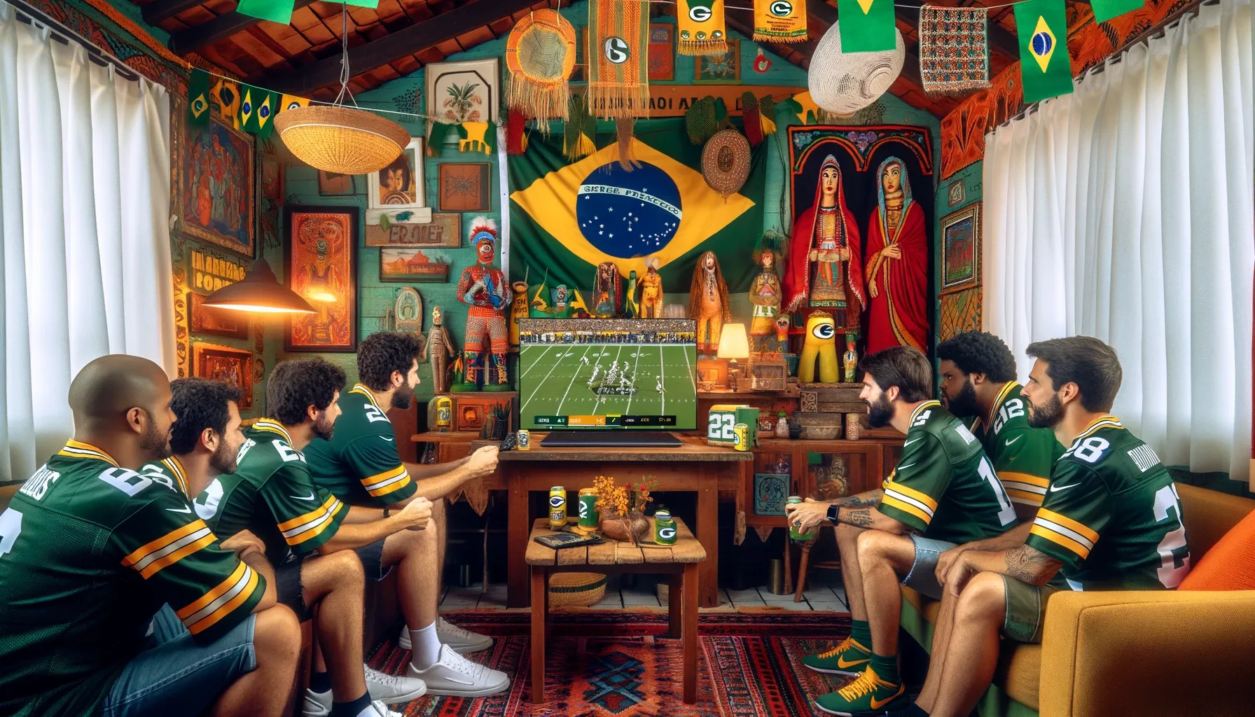 Photo of an AI generated set of fans watching the NFL inside of a very Brazilian house